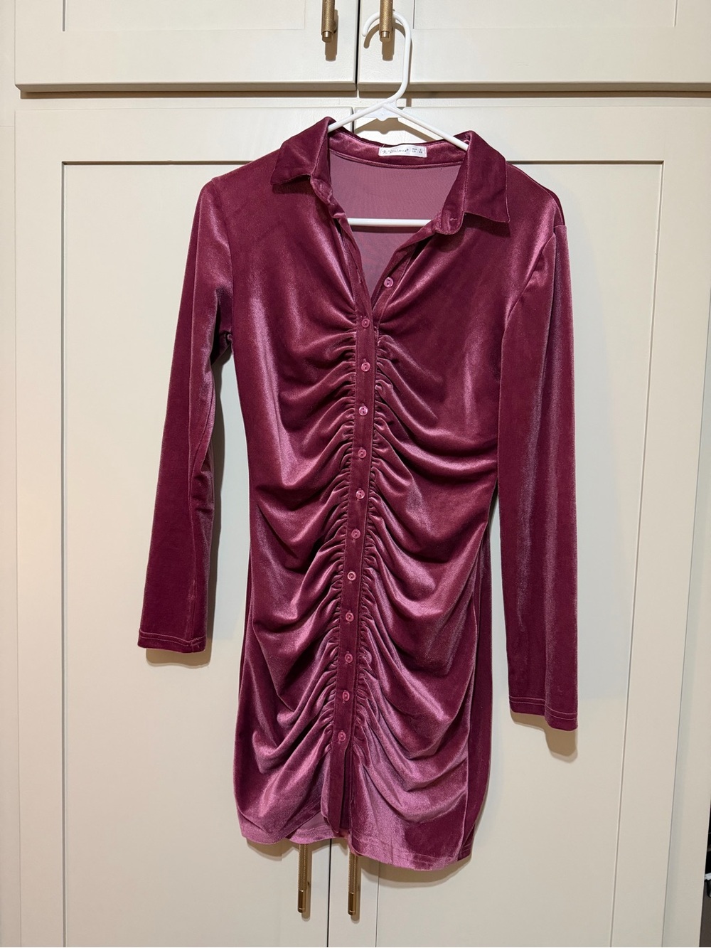 Ruched Velvet Long-Sleeve Shirt Dress - Burgundy